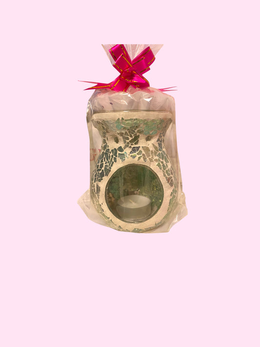 Small Crackle Design Tea Light Burner with Large Wax Melt in Liner | Strong, Long-lasting Fragrance